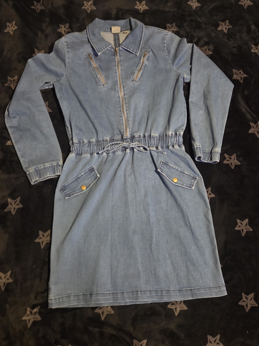New York & Company Light Blue Denim Zip-Front Long Sleeve Dress